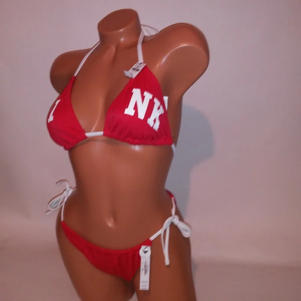 Victoria Secret PINK Swim Bikini Medium Top & Bottom Red White Logo Triangle New